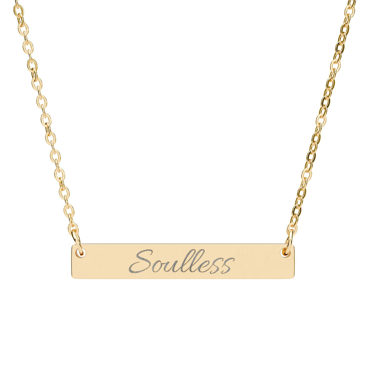 Soulless Engraved Bar Necklace — Minimal Horizontal Pendant for Redheads