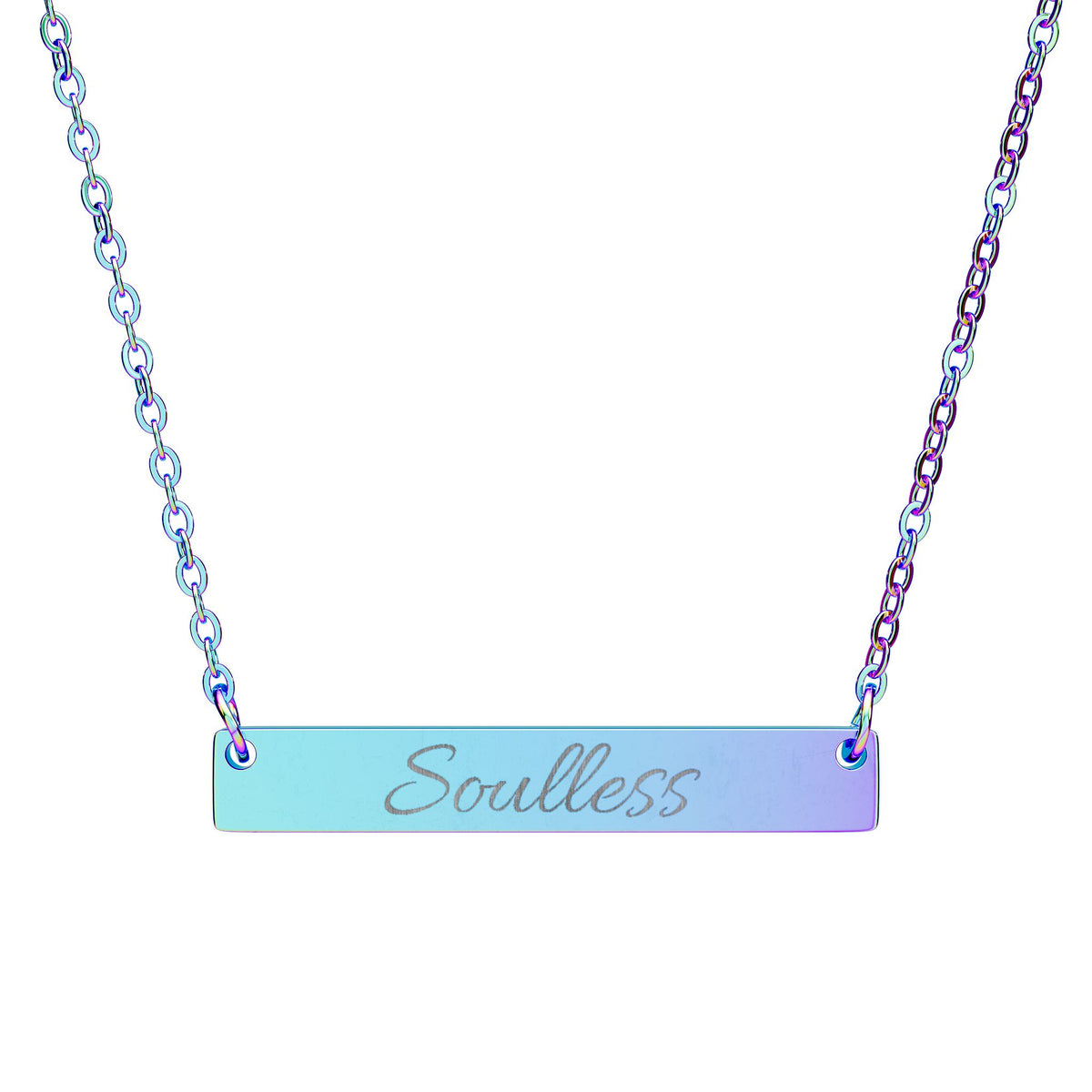 Soulless Engraved Bar Necklace — Minimal Horizontal Pendant for Redheads