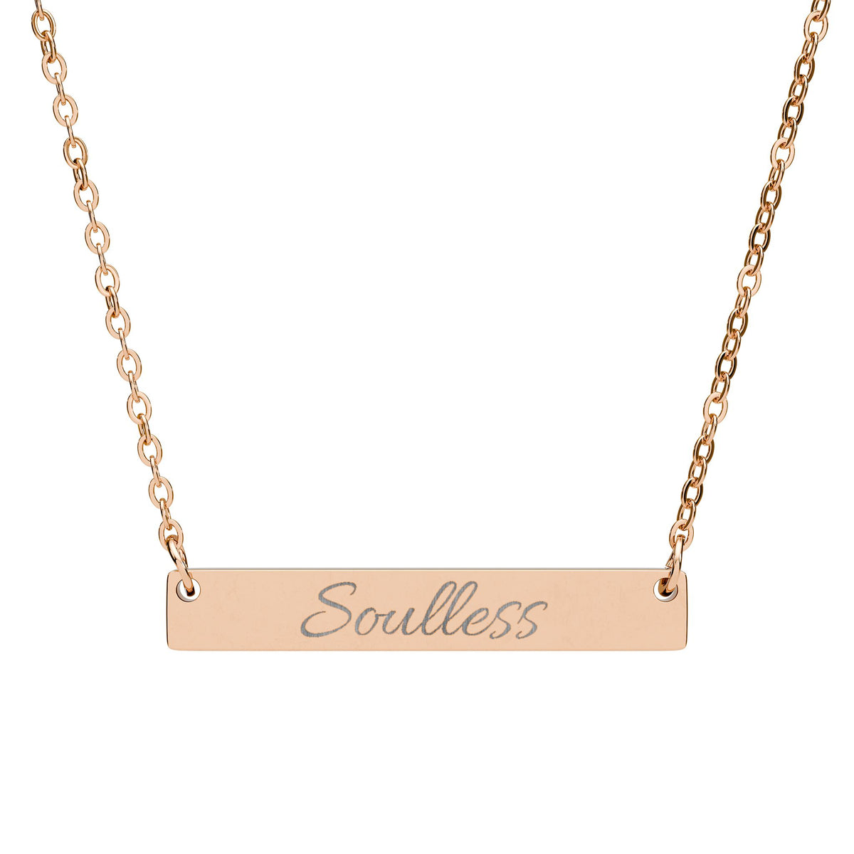 Soulless Engraved Bar Necklace — Minimal Horizontal Pendant for Redheads