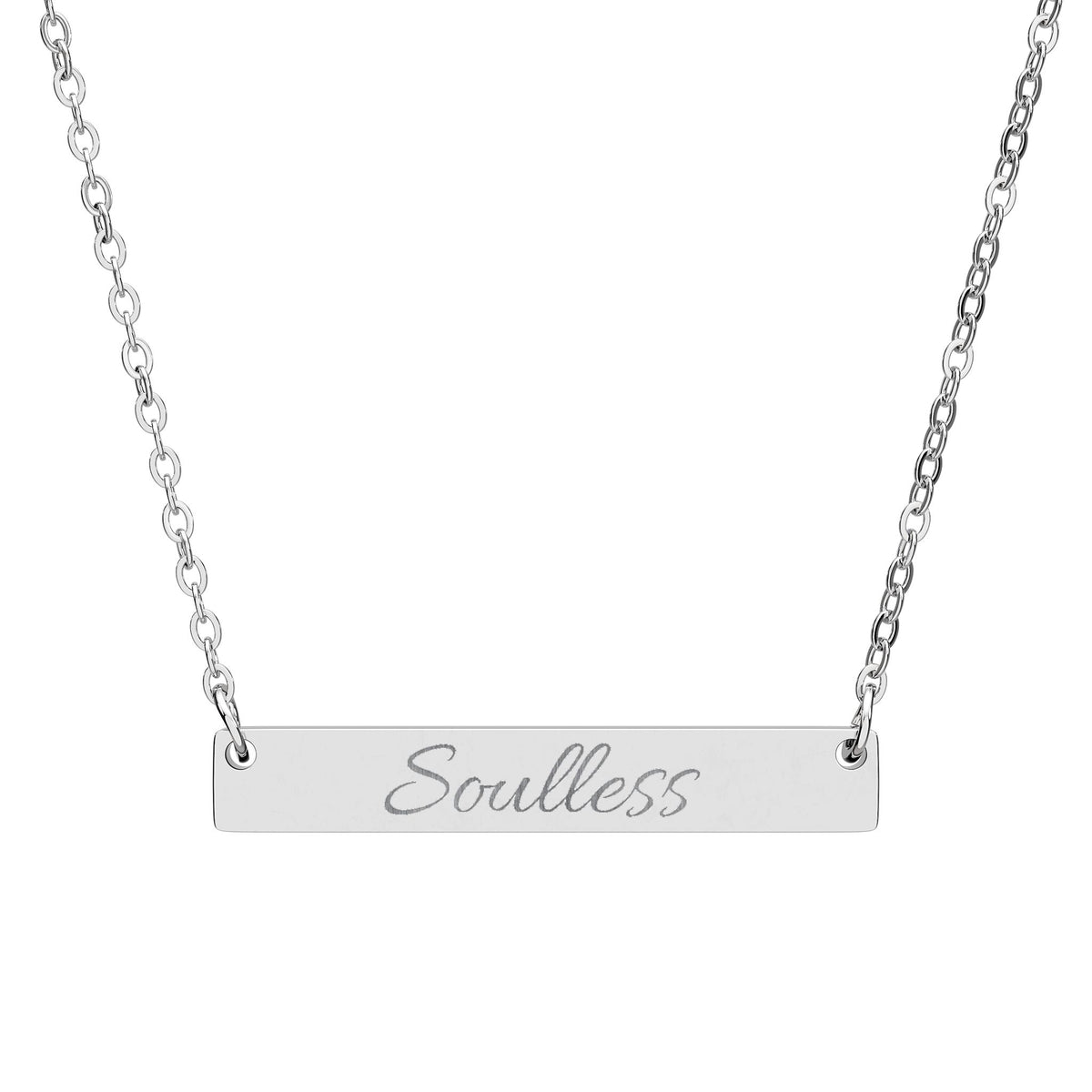 Soulless Engraved Bar Necklace — Minimal Horizontal Pendant for Redheads